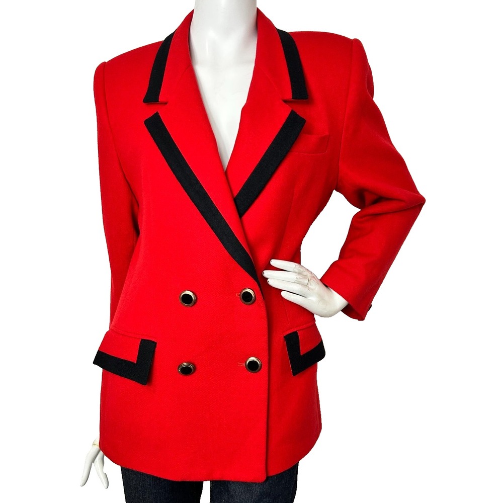 Vtg 80s Oleg Cassini P L Red 100 Wool Blazer Double Breastd Dark Academia Jacket